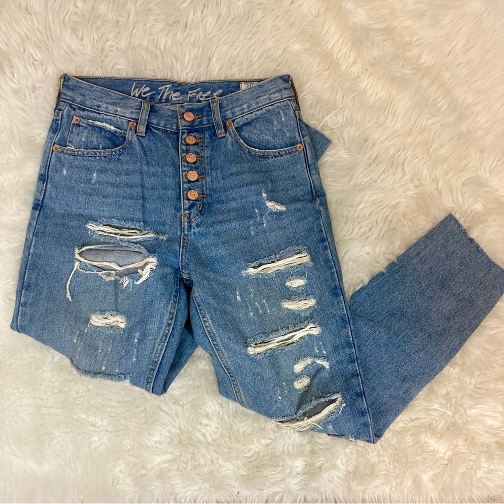 We the Free Free People High Rise Button Fly Regular Distressed Jeans Women 25